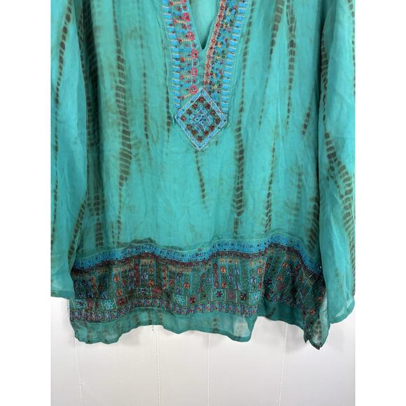 Chicos Women’s Embroidered Silk Beaded Tunic Grandma Preppy Tropical Beach Sz L - Picture 2 of 7